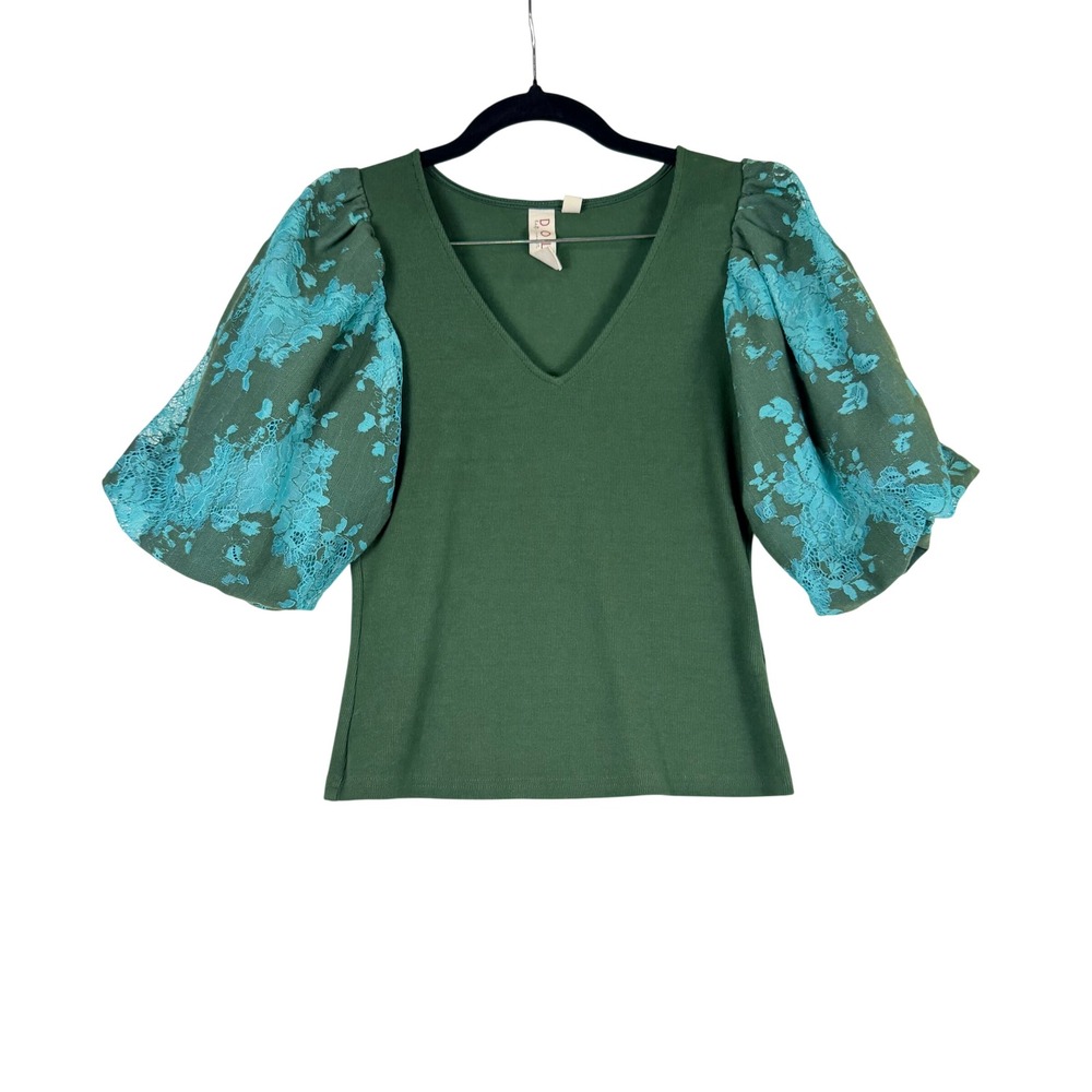 Anthropologie Dolan Green Ribbed Lace Puff Sleeve top XS Fairycore Romantic Boho